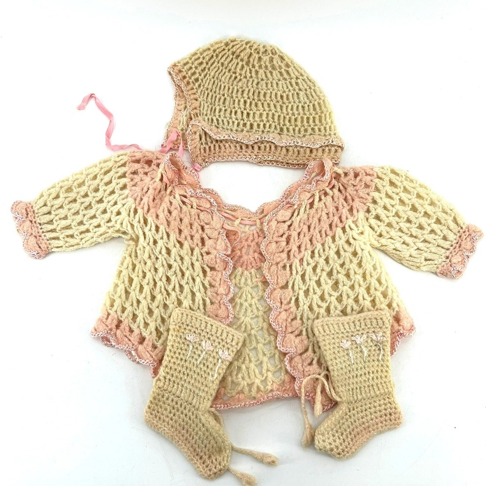 Vintage Hand Crochet Baby Layette Set Pink Cream Sweater Bonnet Booties 3 Piece
